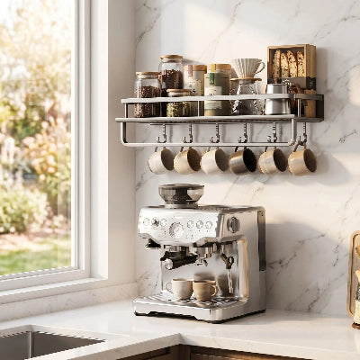 Etagere murale cuisine avec tasses accrochées au dessus machine espresso