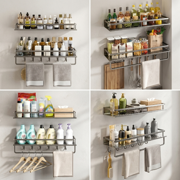 Etagere murale cuisine disposée dans 4 pièces différentes de maison