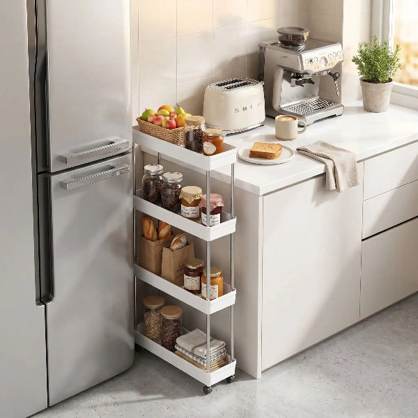 Etegere pour cuisine près grille pain remplie produits petit déjeuner