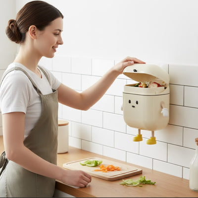 Femme ouvrant poubelle murale accrochée au mur céramique