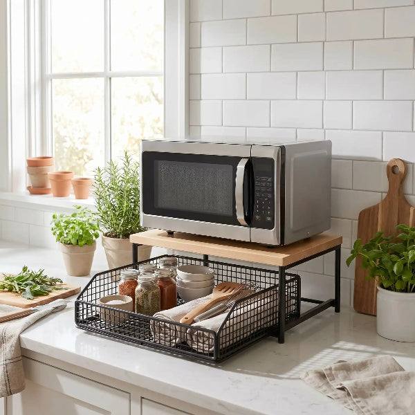 Four micro ondes sur étagère cuisine sur plan travail