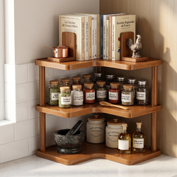 Livre culinaire et assaisonnements sur etagere cuisine bois