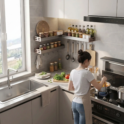Personne cuisinant près trois etagere murale cuisine en angle