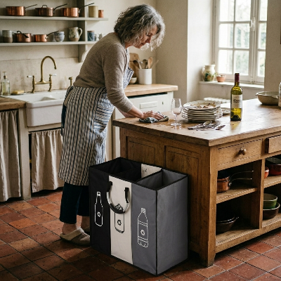 Personne nettoyant comptoir à coté poubelle de cuisine tri