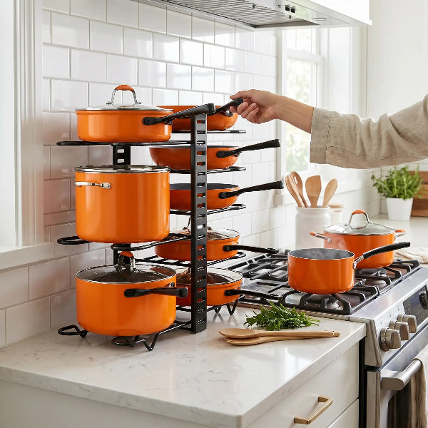 Personne prenant casserole dans etagere cuisine près cuisinière