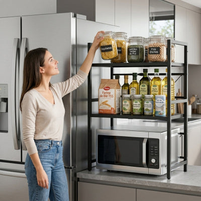 Personne prenant pâtes sur etagere micro onde