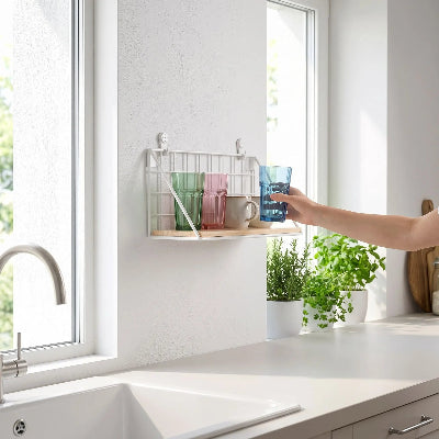 Personne prenant verre sur étagère de cuisine murale