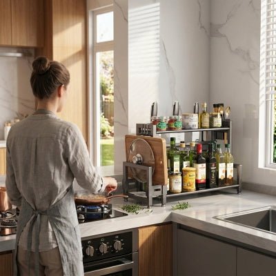 Personne qui cuisine à côté étagère à épices