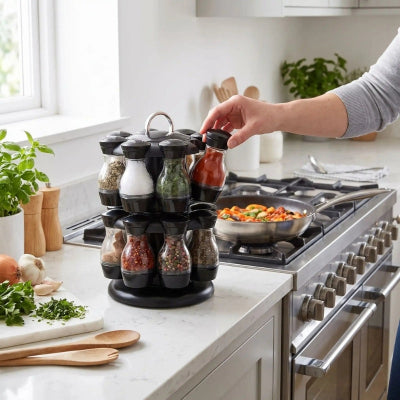 Personne qui cuisine et prend un flacon dans le range epice
