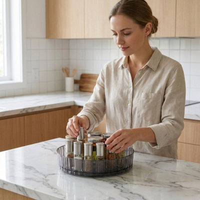 Personne qui dépose un flacon dans le ranges epices