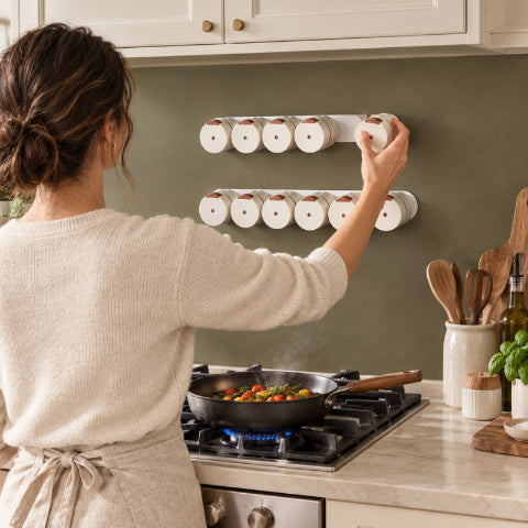 Personne qui prend pots à épices en cuisinant