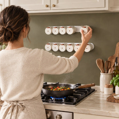 Personne qui prend pots à épices en cuisinant