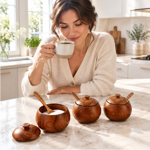 Personne qui prend son café devant pot pour epices