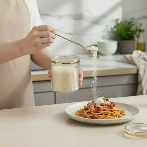 Personne qui saupoudre du parmesan du pot a epice