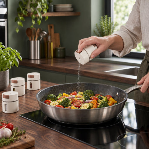 Personne qui saupoudre du sel avec pots à épices