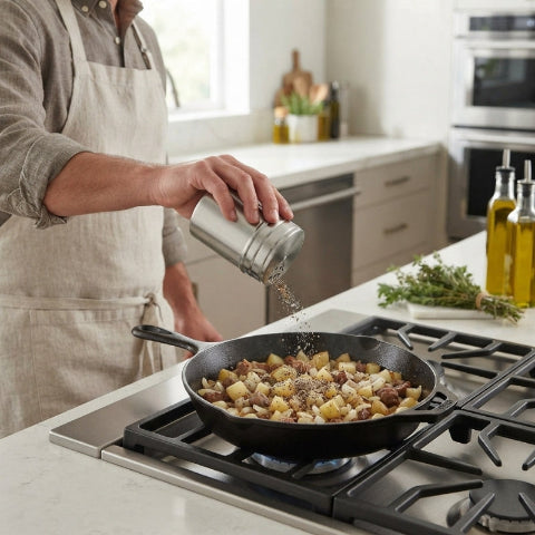 Personne qui saupoudre épices avec pot pour epices