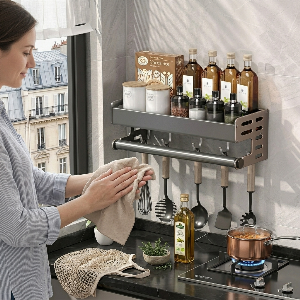 Personne séchant ses mains près etagere murale cuisine