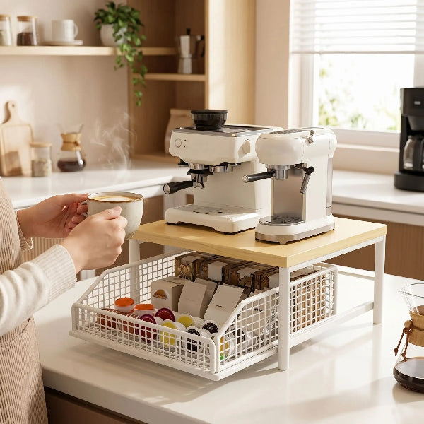 Personne tenant tasse café devant machine espresso sur étagère cuisine