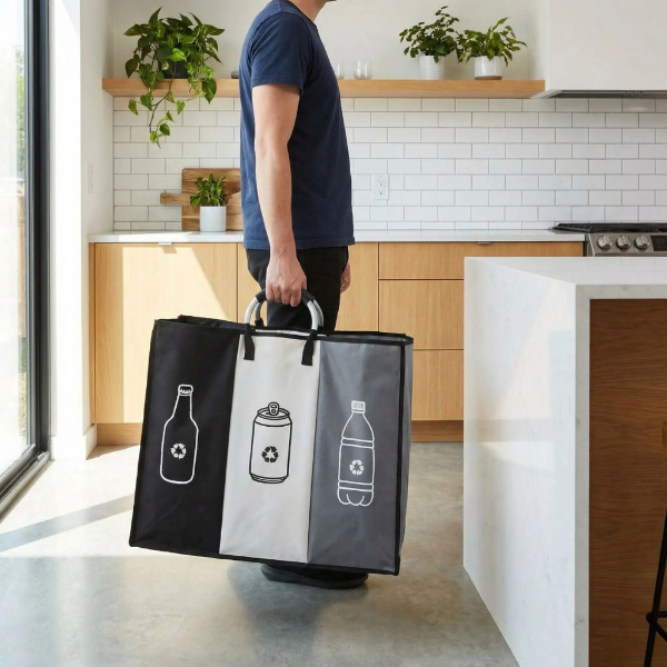 Personne transportant poubelle de cuisine tri par les poignées