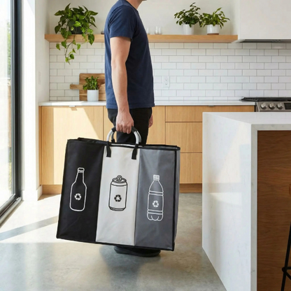 Personne transportant poubelle de cuisine tri par les poignées