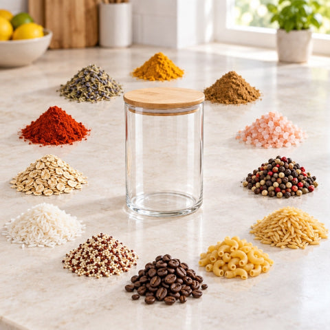 Petites pyramides d'aliments secs autour bocaux épices