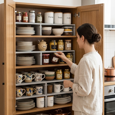 Placard rempli étagère pour cuisine avec vaisselle et contenant aliments