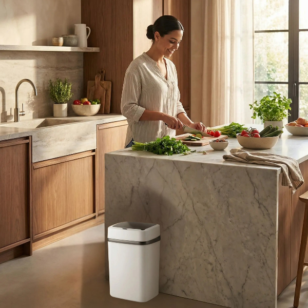 Poubelle cuisine bout ilot avec femme coupant legumes
