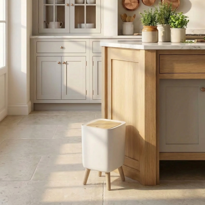 Poubelle de cuisine baignée de lumière accolée plan travail