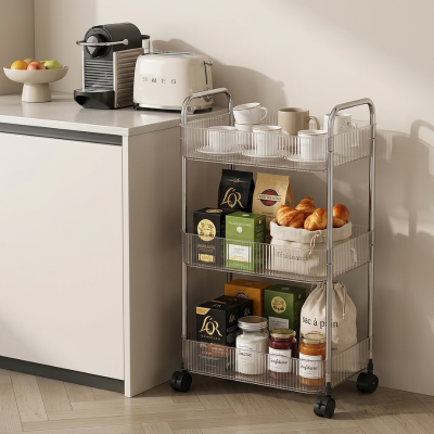 Rangement etagere cuisine 3 niveaux remplis côté comptoir petit déjeuner
