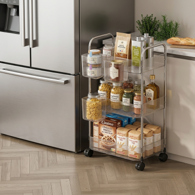 Rangement etagere cuisine 3 niveaux remplis près frigo et comptoir