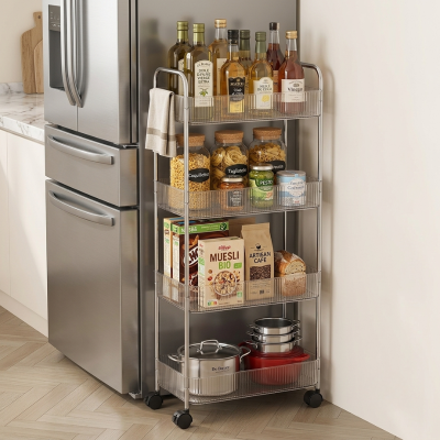 Rangement etagere cuisine 4 niveaux remplis appuyé au frigo