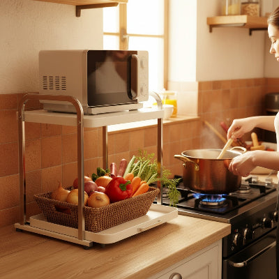 Support pour micro onde à côté d'une personne cuisinant sur cuisinière