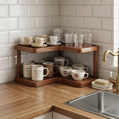 Tasses et verres sur etagere cuisine bois près évier