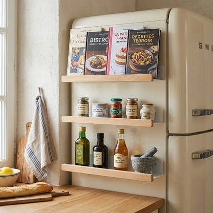 Trois etagere bois cuisine sur côté du frigo