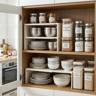Vaisselle et aliments sur et à côté étagère pour cuisine