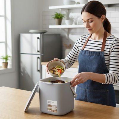 Dépôt épluchures dans poubelle cuisine grise
