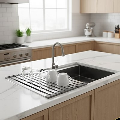 EGOUTTOIR VAISSELLE INOX DESSUS EVIER AVEC VAISSELLE SECHANT