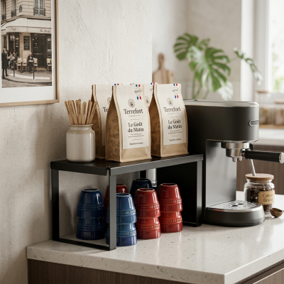 Étagère cuisine sur pied sur comptoir près machine à café