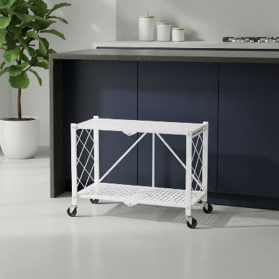 Étagère micro onde pliable noire à trois niveaux devant îlot