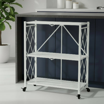 Étagère micro onde pliable blanche à trois niveaux devant îlot