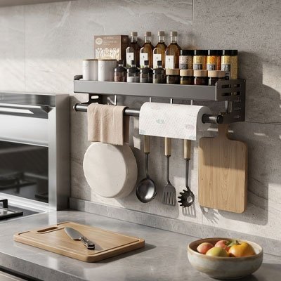 Etagere murale cuisine apposée sur crédence près cuisinière