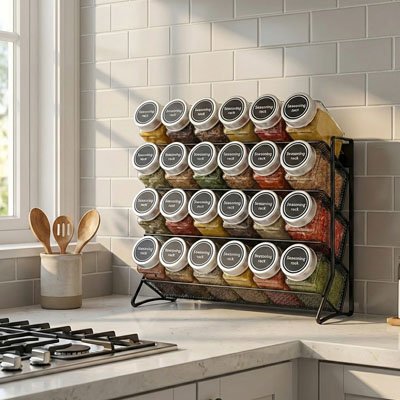 Étagères à épices déposée sur comptoir près plaque de cuisson