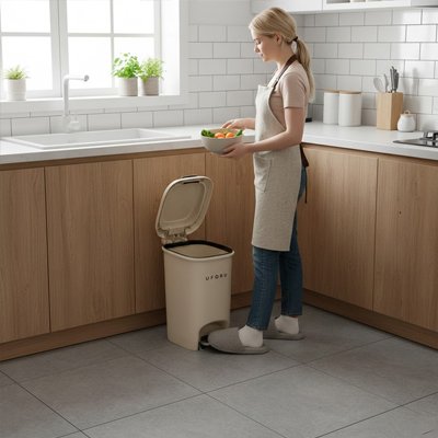 Femme avec déchets devant poubelle cuisine ouverte