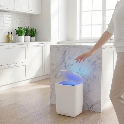 main agitant au dessus poubelle automatique couvercle ouvert lumière uv