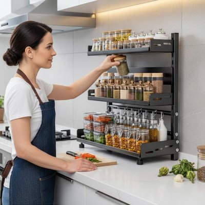 Personne cuisinant devant rangement à épices 