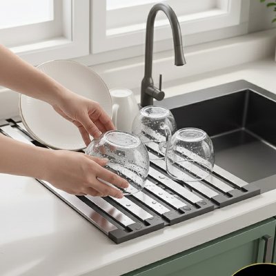 PERSONNE DEPOSANT BOL SUR EGOUTTOIR VAISSELLE INOX