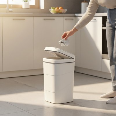 Personne deposant dechet dans cuisine poubelles blanche ouvrant automatiquement