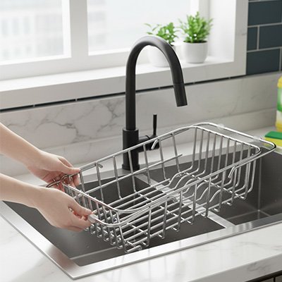 PERSONNE DEPOSANT EGOUTTOIR VAISSELLE INOX QUI NE ROUILLE PAS