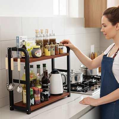 Personne déposant un contenant sur etagere cuisine