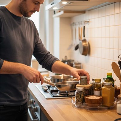 Personne devant la cuisinière prenant un pot dans rangement à épices